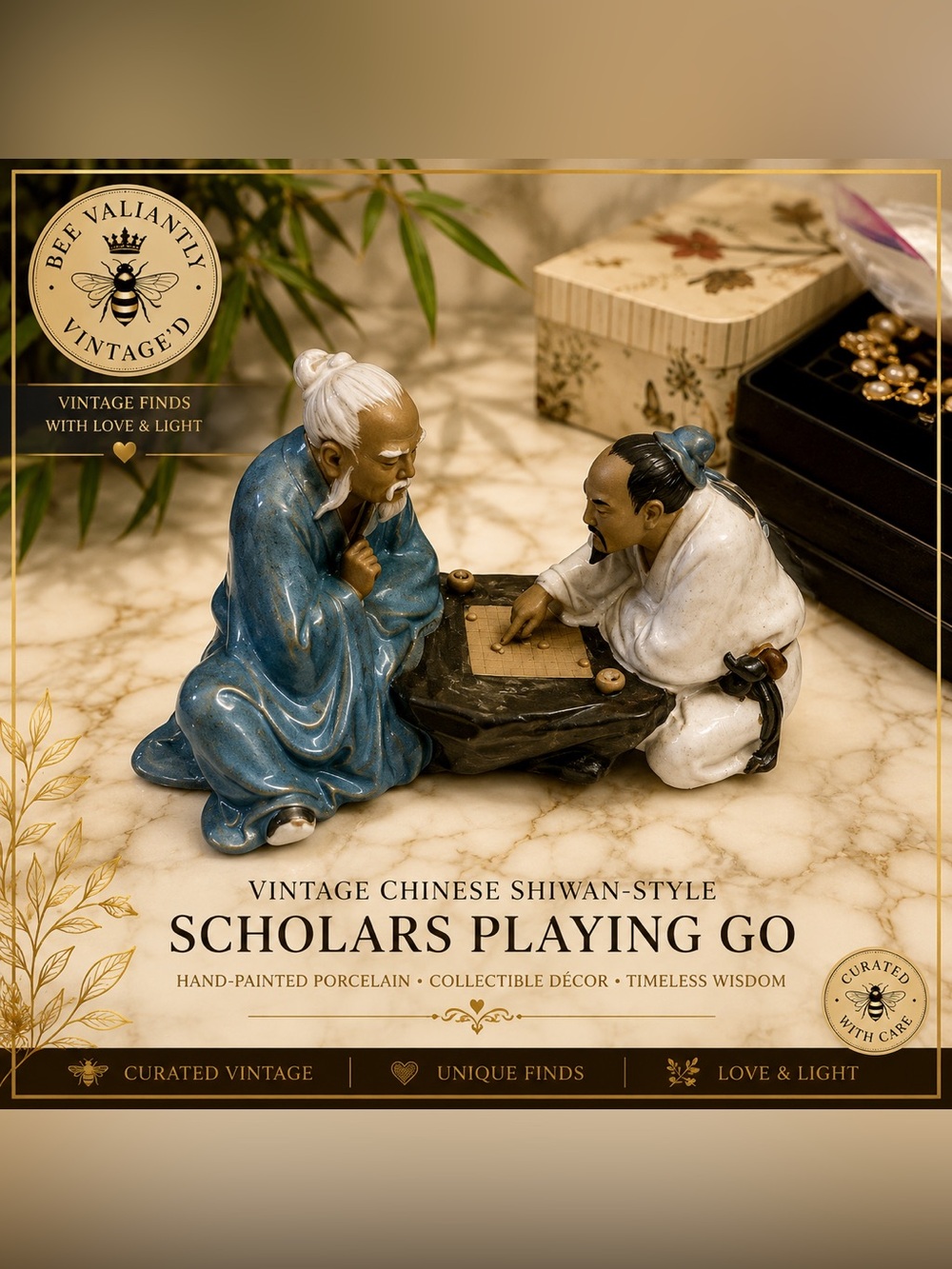 Vintage Chinese Shiwan Mudmen Scholars Playing Go Weiqi Porcelain Figurine